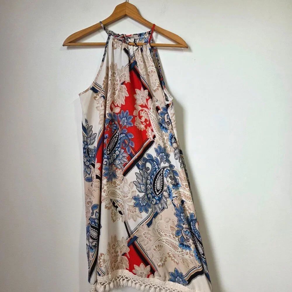 NEVER WORN SHEIN HALTER FRINGED BOHO PAISLEY HANKY SHORT DRESS SZ LARGE